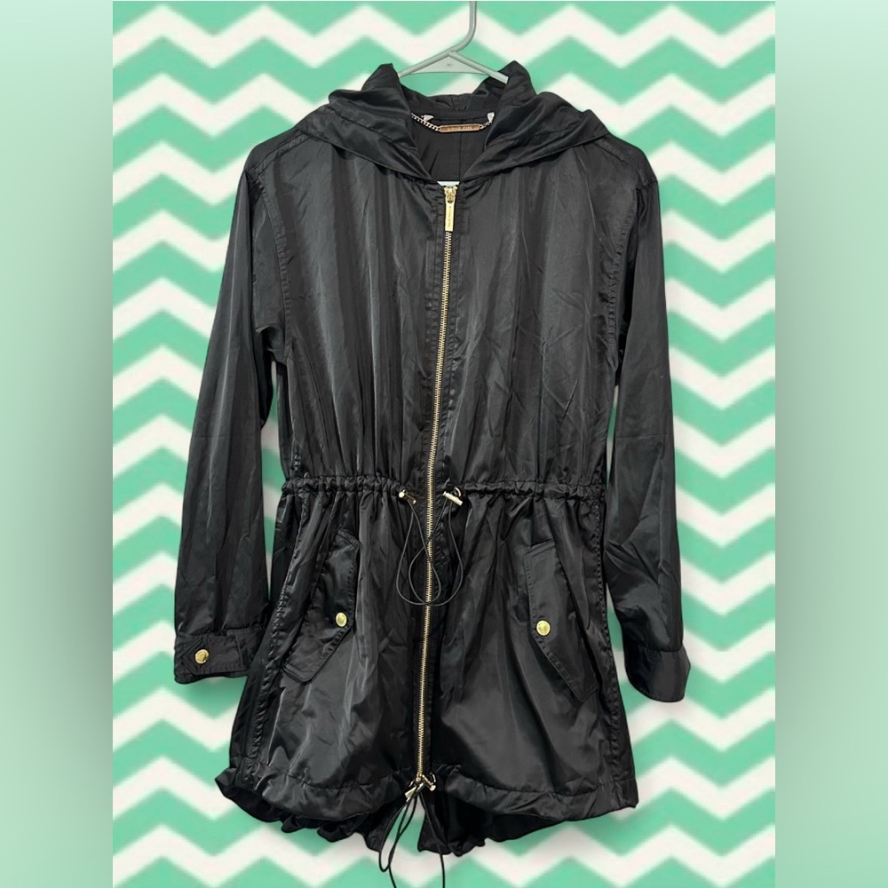 Michael Kors Long Black Hooded Anorak Jacket with Gold Accents